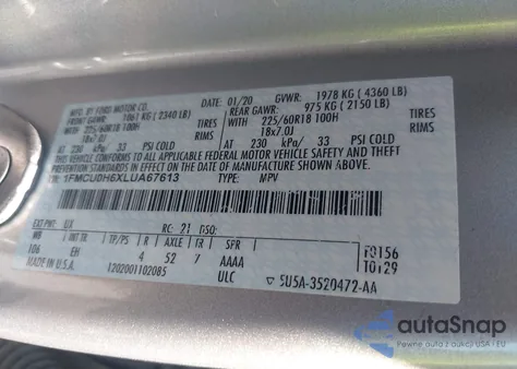 2020 Ford Escape Sel z USA, uszkodzony, nr VIN 1FMCU0H6XLUA67613